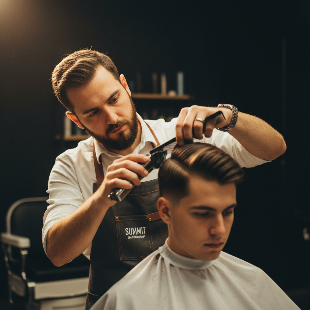 Summit Barbershop barber at work, focused on a precision haircut, dark background, warm directional lighting on hands and client, skilled craftsman, candid documentary photography