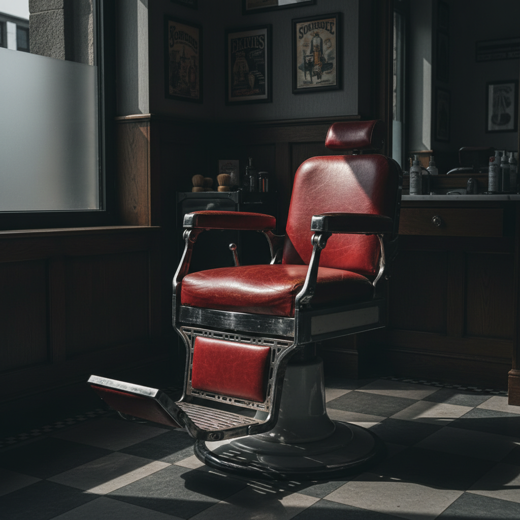 Vintage red leather barber chair, chrome footrest, classic barbershop setting, dramatic side lighting, dark moody tones