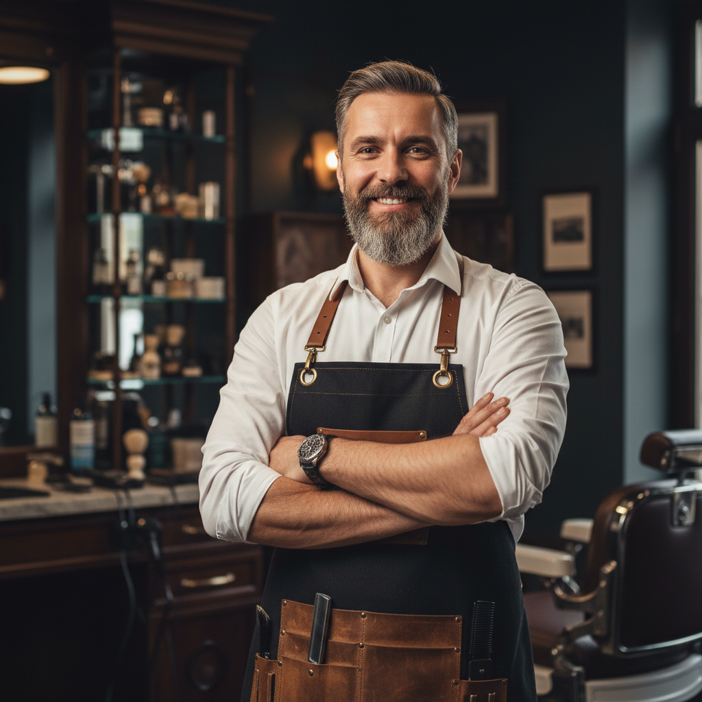 Professional barber portrait, confident skilled craftsman in classic barber apron, dark barbershop background, warm directional light, honest professional photography, masculine, experienced
