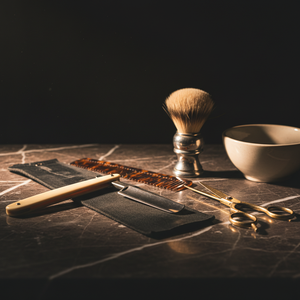 Vintage barber tools laid out on a dark marble counter, straight razor, comb, shaving brush, scissors, dramatic close-up, warm lighting, dark background