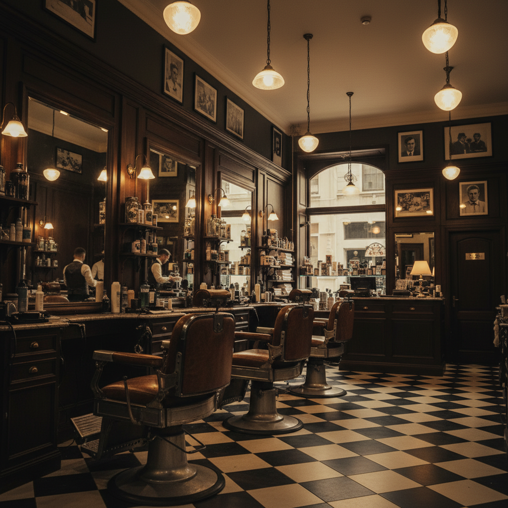 Cinematic wide shot of a classic barbershop interior, dark wood paneling, vintage leather barber chairs, antique mirrors, warm golden light from pendant fixtures, moody atmospheric photography, black and white accents