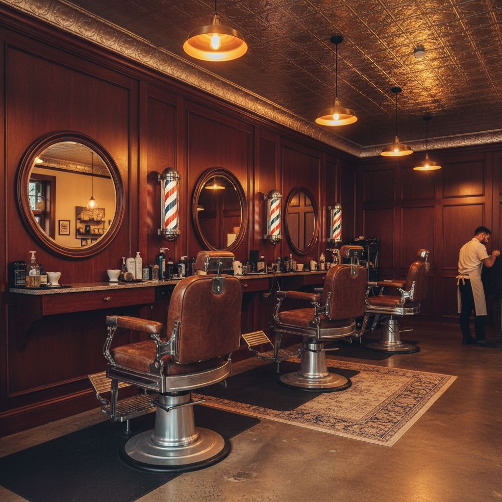 Summit Barbershop interior, wide angle, dark wood walls, vintage leather chairs, warm golden pendant lights, old barber poles, classic barbershop atmosphere, warm amber tones