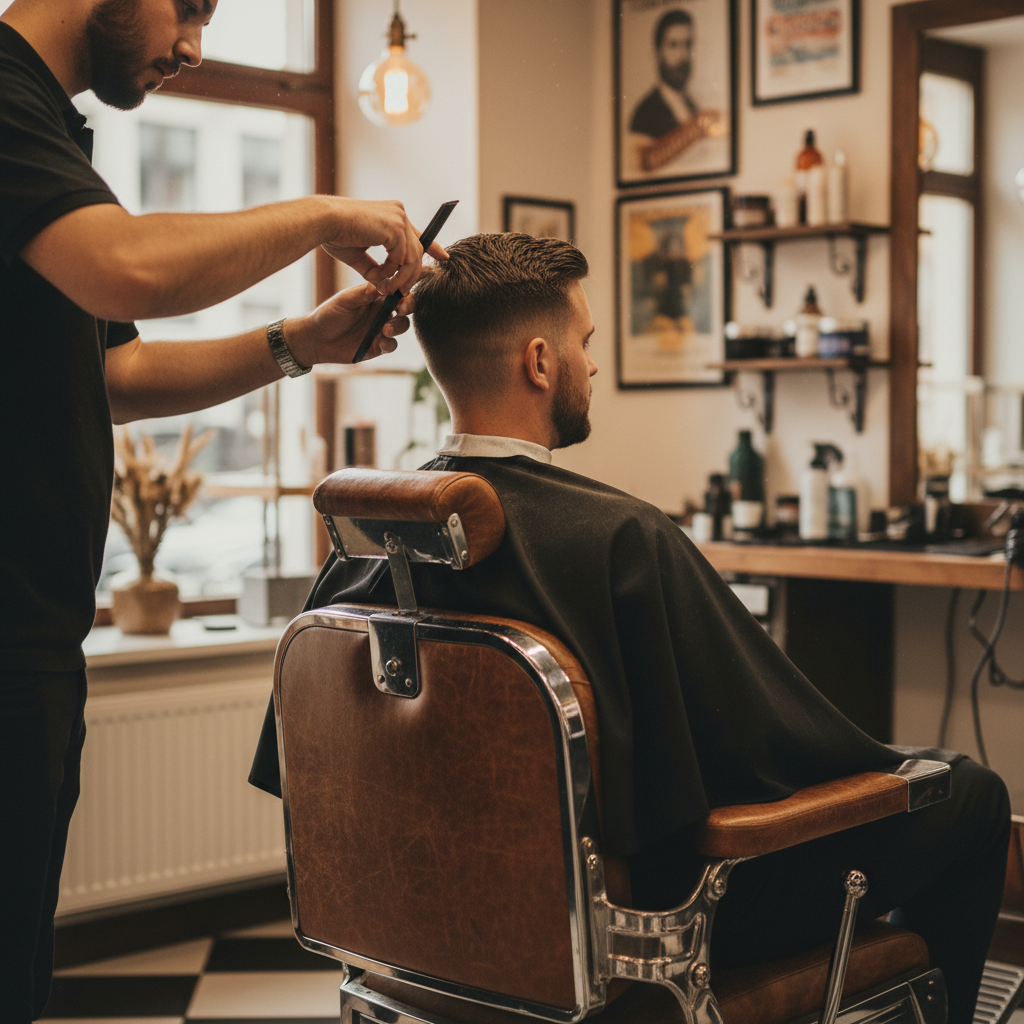 Barber giving a precise haircut, skilled hands, client in vintage leather chair, warm barbershop lighting, shallow depth of field, candid professional photography