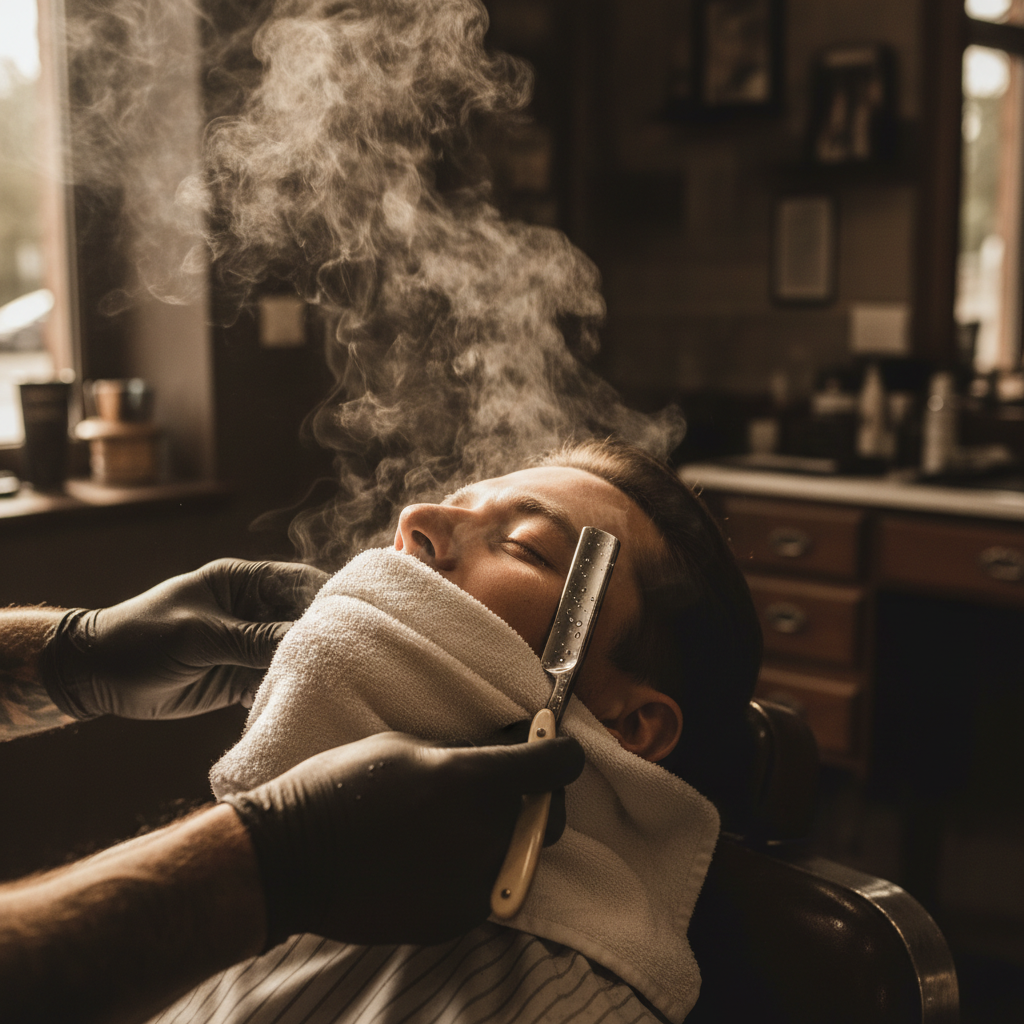 Close-up of straight razor hot towel shave in progress, barber's skilled hands, warm steam rising from white hot towel, dramatic side lighting, dark moody tones, photorealistic detail photography