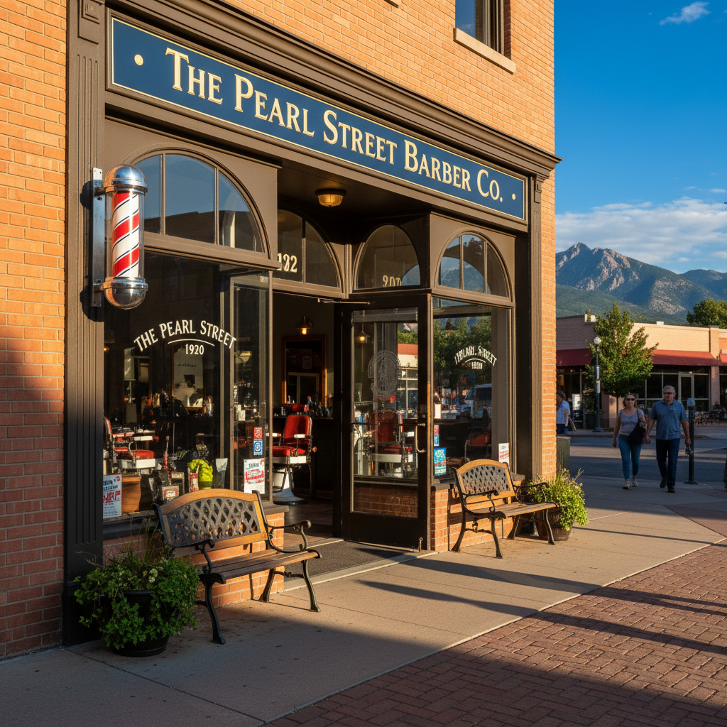 Classic barbershop storefront on Pearl Street Boulder Colorado daytime, red and white barber pole, clean facade, welcoming entrance, bright Colorado sunshine