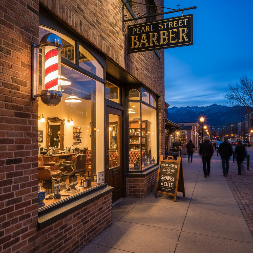 Exterior of a classic barbershop on Pearl Street Boulder Colorado, brick facade, glowing barber pole, warm shop lighting through window, evening light, inviting storefront
