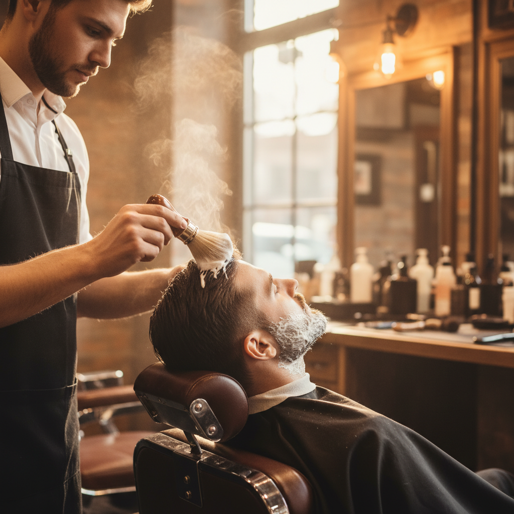 Barber applying hot shaving lather with a badger hair brush, client reclined in leather barber chair, warm amber barbershop lighting, steam rising, professional service atmosphere