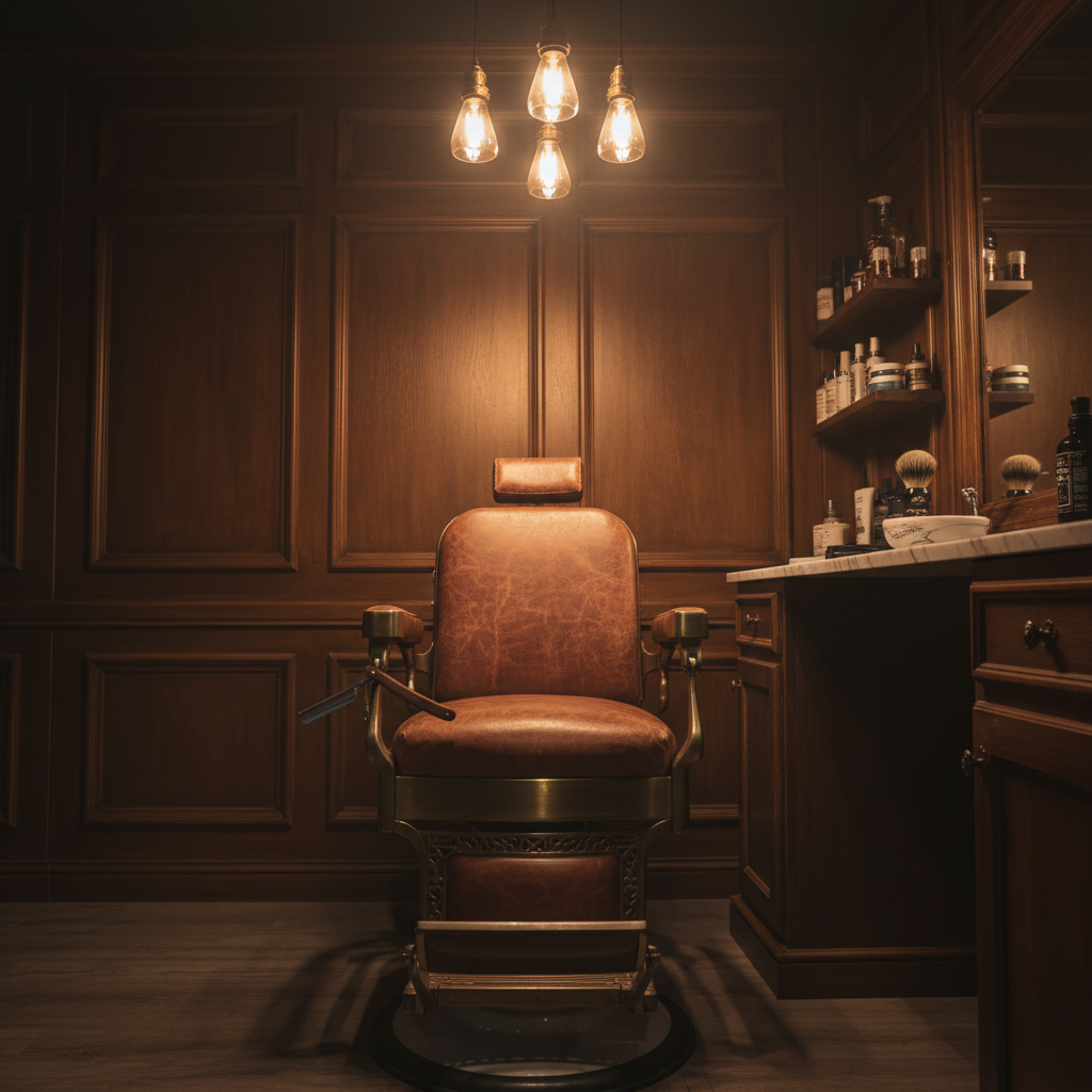 Classic barbershop interior, dark wood paneling, vintage leather barber chair, warm amber pendant lighting, straight razor on marble counter, moody atmospheric photography, rich dark tones
