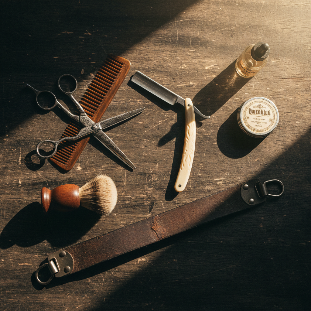 Vintage barbershop tools flatlay, straight razor, scissors, comb, brush, leather strop on dark wood surface, overhead photography, warm golden light, nostalgic craft